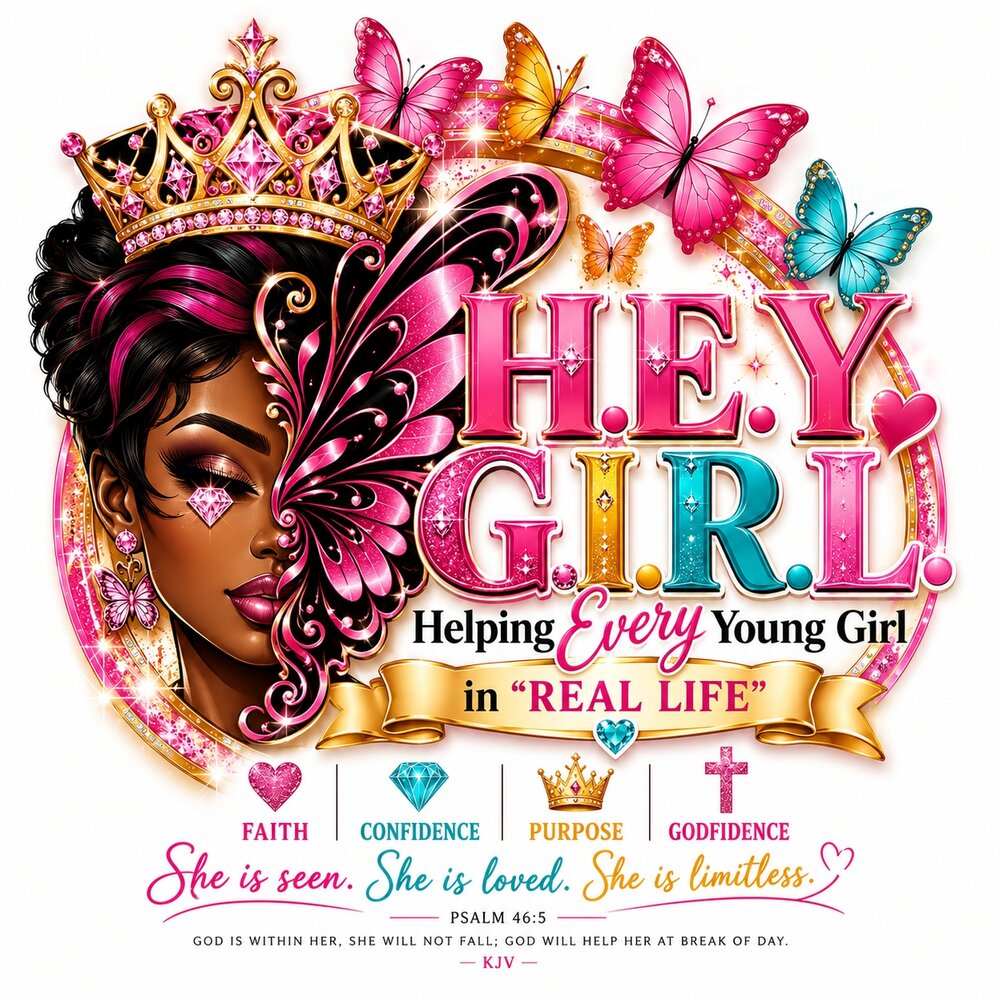 Hey Girl logo: H.E.Y. G.I.R.L. Helping Every Young Girl in Real Life. Faith, Confidence, Purpose, Godfidence. She is seen. She is loved. She is limitless.